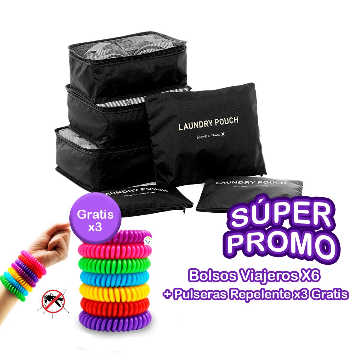 Set de Bolsos Viajeros X6 + Pulseras Repelentes x3 - Organización y Protección para Tus Viajes