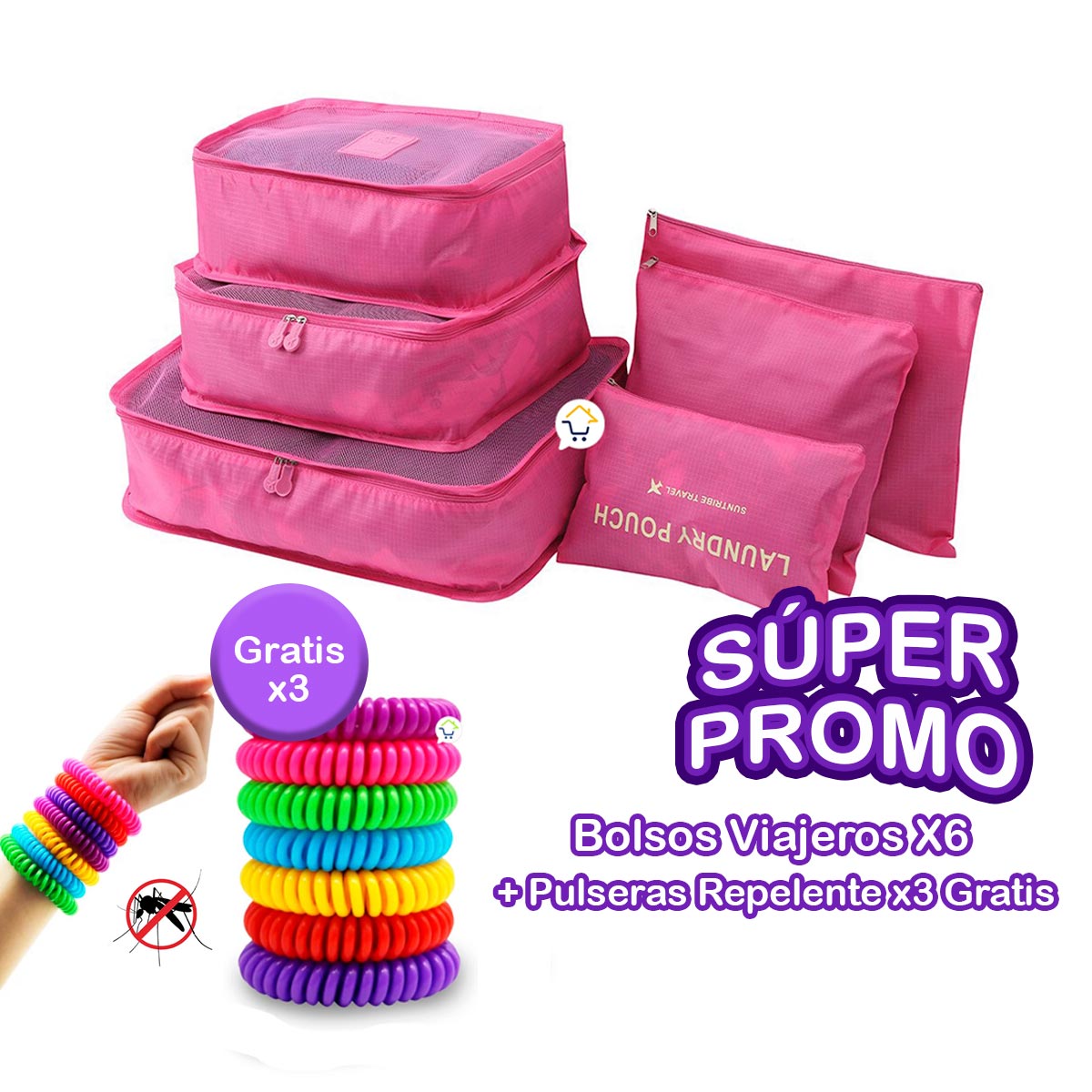 Set de Bolsos Viajeros X6 + Pulseras Repelentes x3 - Organización y Protección para Tus Viajes