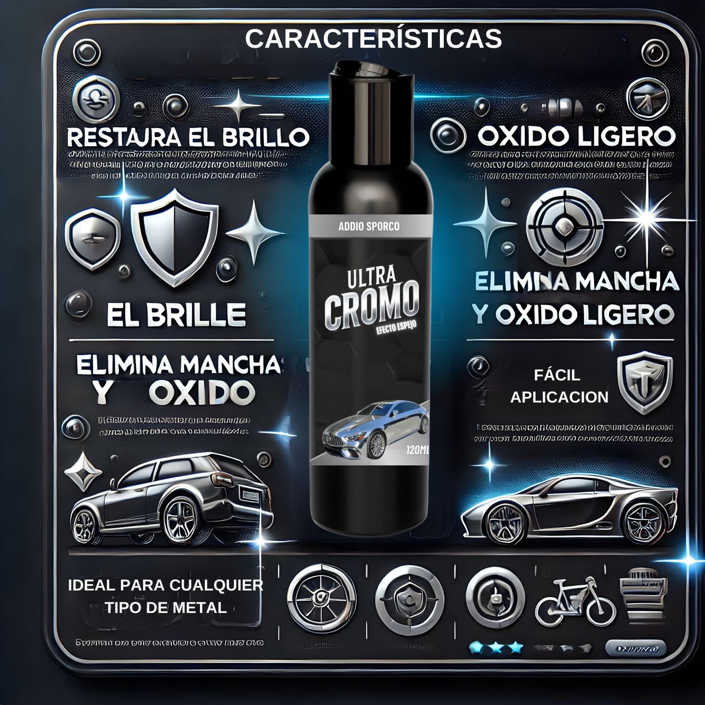 Ultra Cromado Líquido de Addio Sporco 120ML – Brillo Espejo para Metales